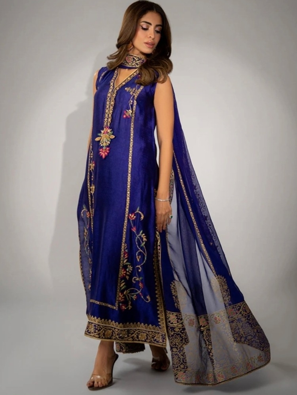 Elegant  Blue MINA HASAN INSPIRED Embroidered Sleeveless Dress with Dupatta